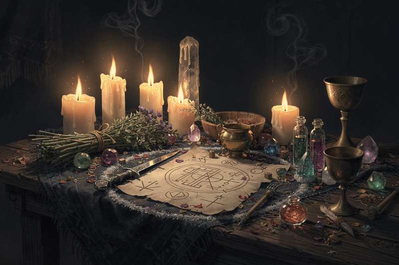 Brennende lila Kerze auf dunklem Untergrund mit mystischem Licht, symbolisiert spirituelle Praktiken und magische Rituale.