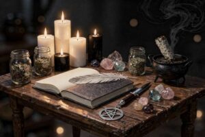 Anfängerin hält ein Ritualbuch in den Händen während sie auf einem Altar mit Kerzen und Kristallen sitzt.