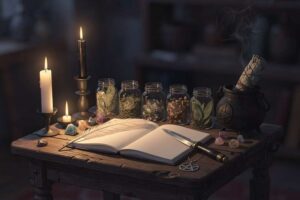 Anfängerin entzündet eine Kerze während einer Wicca-Zeremonie in einem mit Kristallen und Kräutern dekorierten Raum.