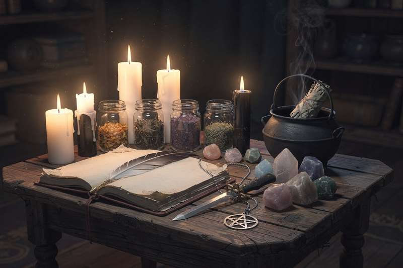 Hexe führt Schattenarbeit durch und verbrennt Kräuter in einer rituellen Schale zur inneren Transformation und magischen Heilung.