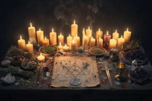 Brennende Kerzen und Kristalle arrangiert auf einem Tarot-Deck als Teil eines Karriere-Rituales für beruflichen Erfolg.