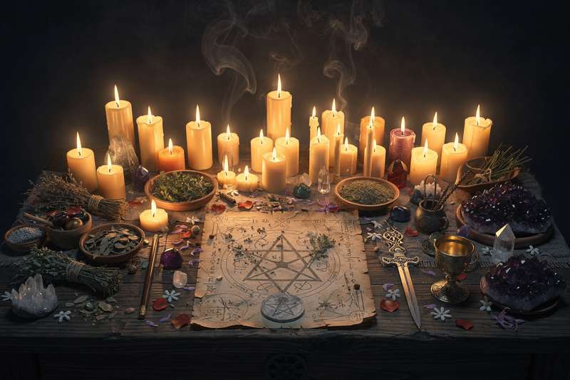 Brennende Kerzen und Kristalle arrangiert auf einem Tarot-Deck als Teil eines Karriere-Rituales für beruflichen Erfolg.