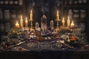 Eine Frau entzündet während eines Rituals Kerzen auf einem Altar, umgeben von Kristallen und Kräutern zur energetischen Loslösung.