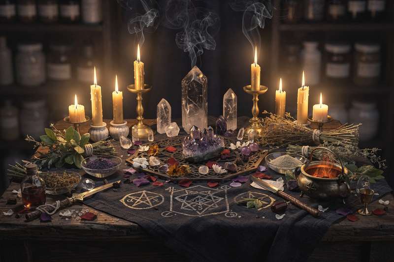 Eine Frau entzündet während eines Rituals Kerzen auf einem Altar, umgeben von Kristallen und Kräutern zur energetischen Loslösung.