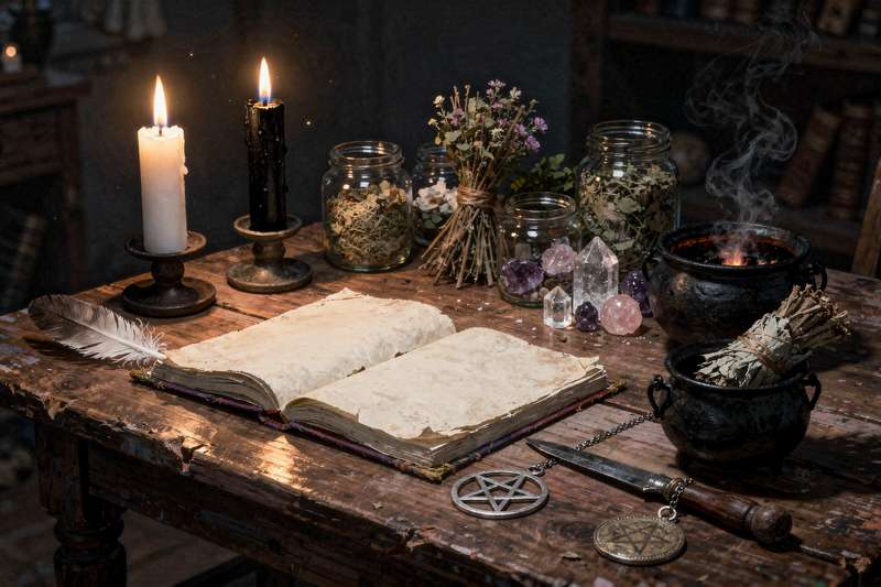 Verschiedene traditionelle Hexen-Werkzeuge wie Zauberstab, Athame, Kelch und Pentakel sind auf einem schwarzen Tuch angeordnet.