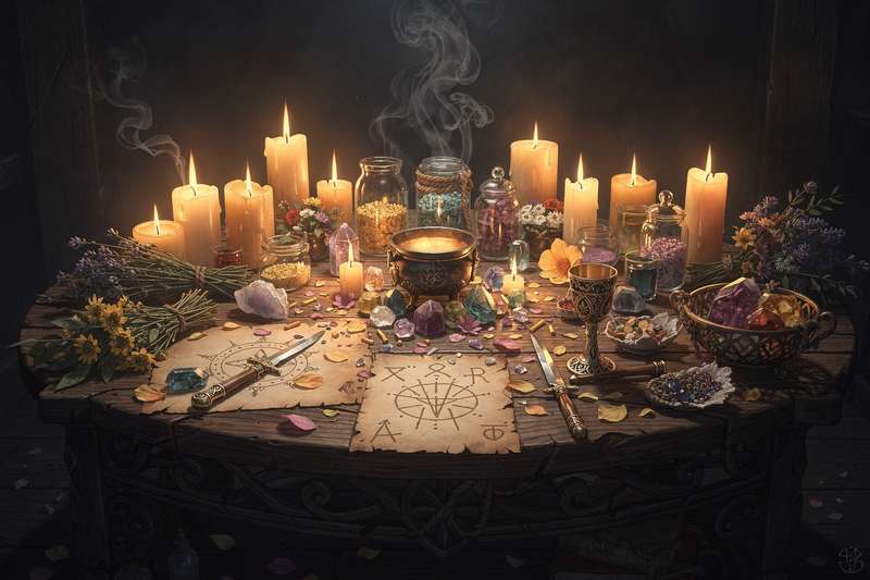 Farbenfrohes Quiz-Interface mit verschiedenen magischen Symbolen und Elementen wie Kristallen, Kerzen und Tarotkarten zur...