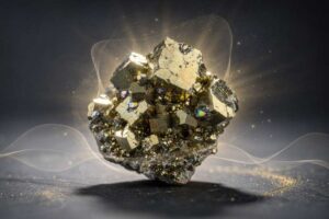 Cristal de pirita dorada con brillo metálico y forma cúbica sobre fondo neutro.
