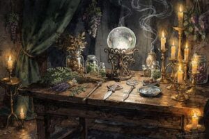Darstellung des Jahreskreises mit acht Positionen für die Wicca-Sabbate und ihre symbolischen Bedeutungen im Jahresverlauf.