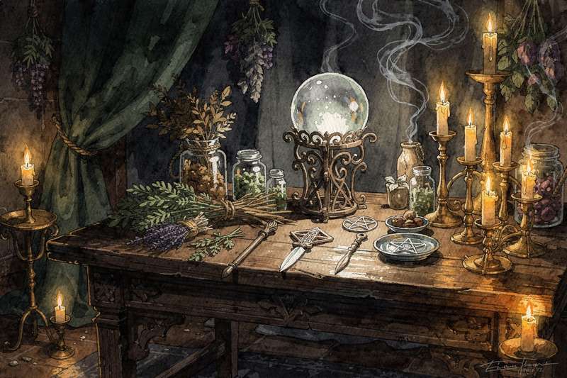 Darstellung des Jahreskreises mit acht Positionen für die Wicca-Sabbate und ihre symbolischen Bedeutungen im Jahresverlauf.