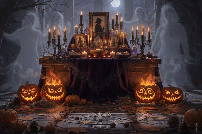 Kerzen und Kräuter arrangiert auf einem Altar zum Samhain-Fest mit Herbstblättern und rituellen Gegenständen.