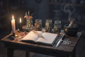 Vier Kerzen und Schalen mit Erde, Wasser und Feuer symbolisieren die vier Elemente der Hexenkunst.