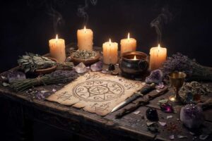 Verschiedene Wahrsagungsinstrumente wie Tarotkarten, Runensteine und eine Kristallkugel liegen auf einem samtigen Tuch...