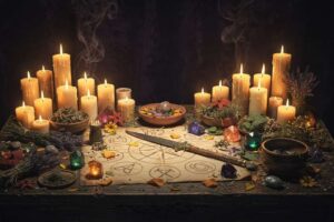 Ein liebevoll gestalteter Hexenaltar mit Kerzen, Kristallen, Kräutern und rituellen Objekten auf einer dunklen Oberfläche.