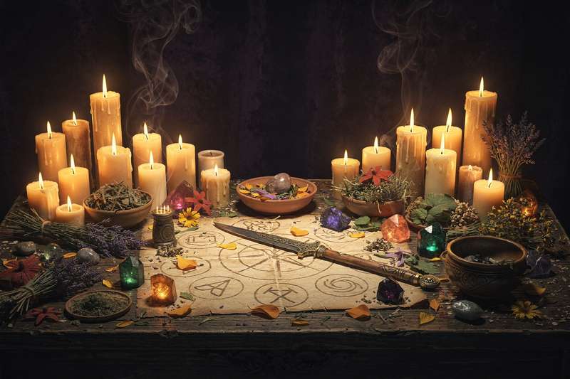 Ein liebevoll gestalteter Hexenaltar mit Kerzen, Kristallen, Kräutern und rituellen Objekten auf einer dunklen Oberfläche.