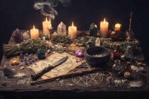 Kerzen und Kristalle arrangiert auf einem Altar zur Unterstützung von Manifestationspraktiken.