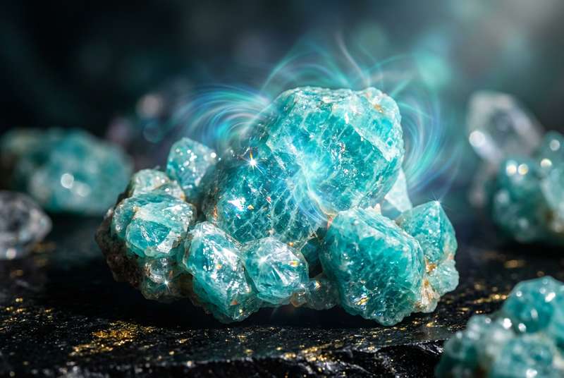 Grüner und blaugrüner Amazonit Kristall mit charakteristischen Streifen auf natürlichem Untergrund.