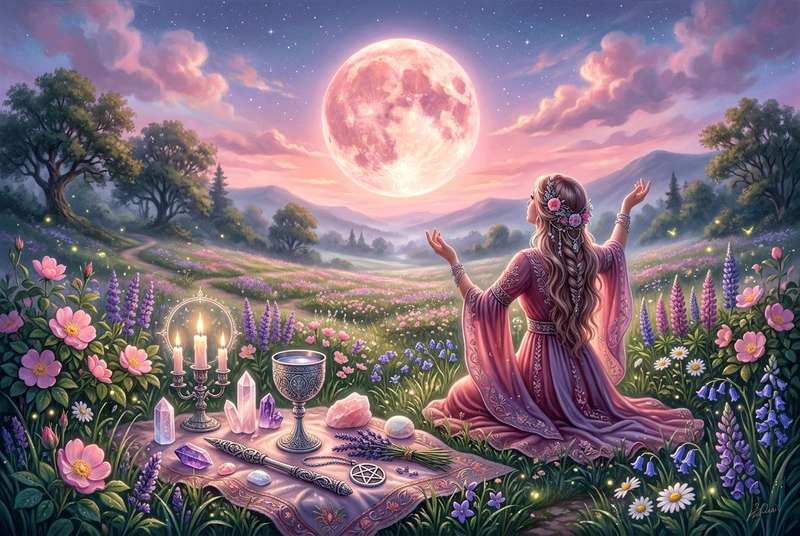 Vollmond in zartem Rosa über einer nächtlichen Landschaft mit silhouettierten Bäumen und Hügeln.