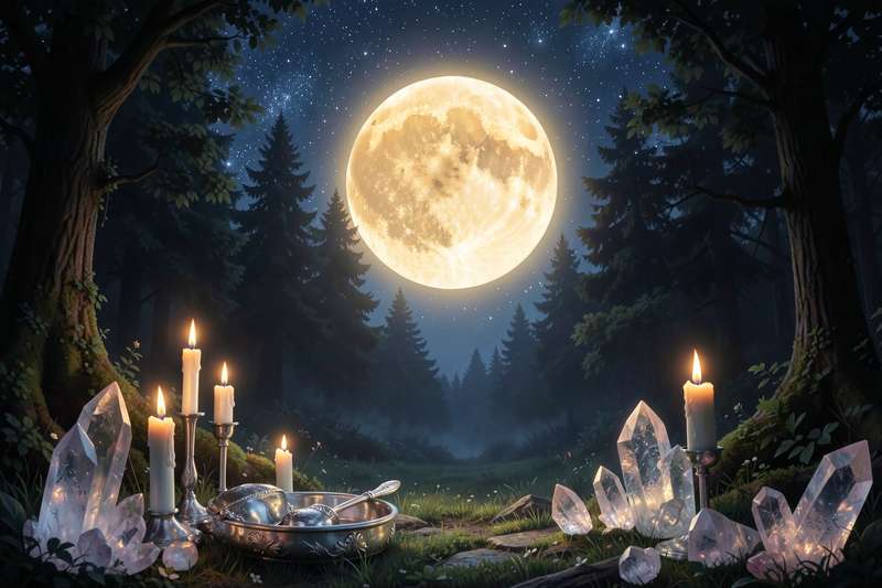 Vollmond über einem dunklen Waldgebiet mit majestätischen Hirschsilhouetten im Vordergrund.