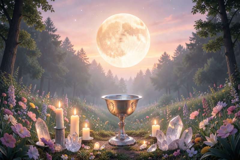 Vollmond am Nachthimmel über einer dunklen Landschaft mit rötlichem Schein.