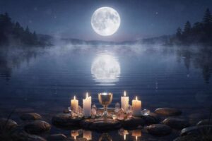 Vollmond am nächtlichen Himmel über einer dunklen Landschaft mit Wolkenformationen.