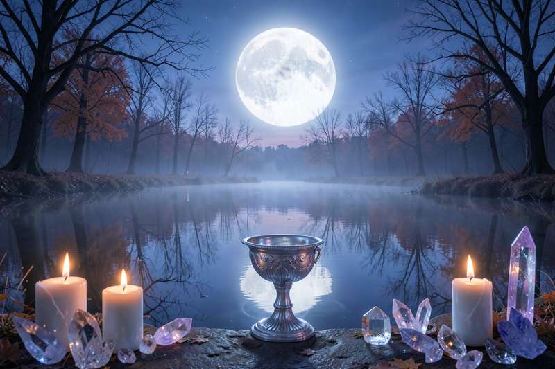 Vollmond über dunklem Waldgewässer mit Biberbau am Ufer, von Schnee und Reif bedeckt.