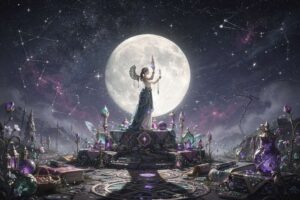 Eine rote Mondscheibe erhellt die Nacht während einer totalen Mondfinsternis und symbolisiert spirituelle Transformation und...