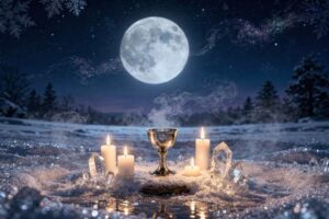 Vollmond in der Dezembernacht über einer verschneiten Winterlandschaft mit kahlen Bäumen.