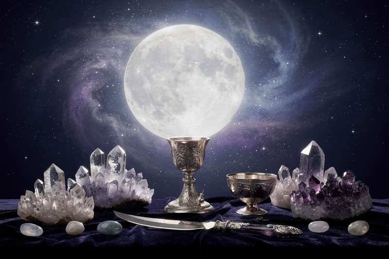 Kerzen und Kristalle arrangiert in einem Kreis unter dem Licht des Vollmondes für spirituelle Mondrituale.