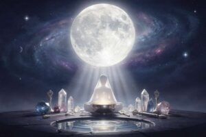 Vollmond scheint über herbstliche Landschaft mit Ernteerträgen und traditionellen Symbolen für Familienverbundenheit.