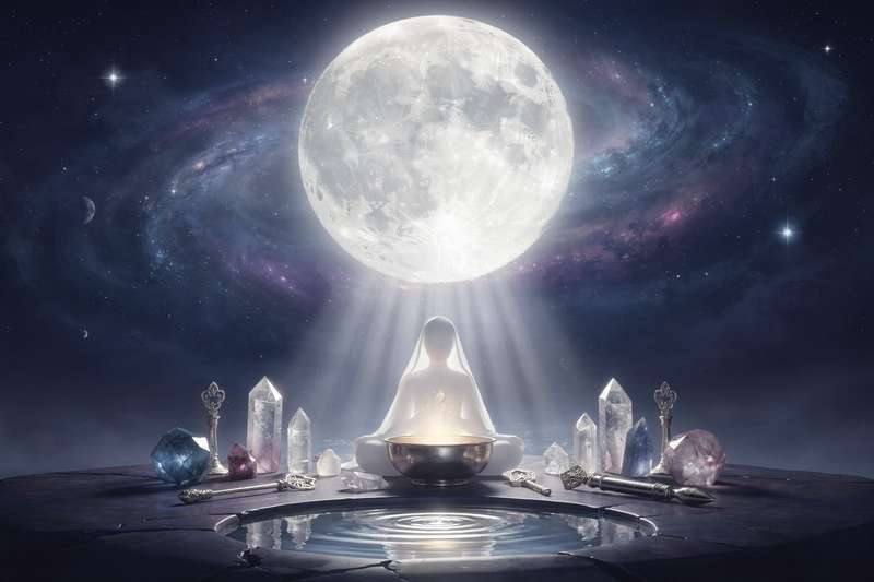 Vollmond scheint über herbstliche Landschaft mit Ernteerträgen und traditionellen Symbolen für Familienverbundenheit.