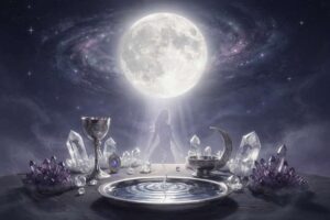 Tarot-Karten im Halbkreis angeordnet unter leuchtendem Vollmond für ein Loslassen- und Manifestations-Spread.
