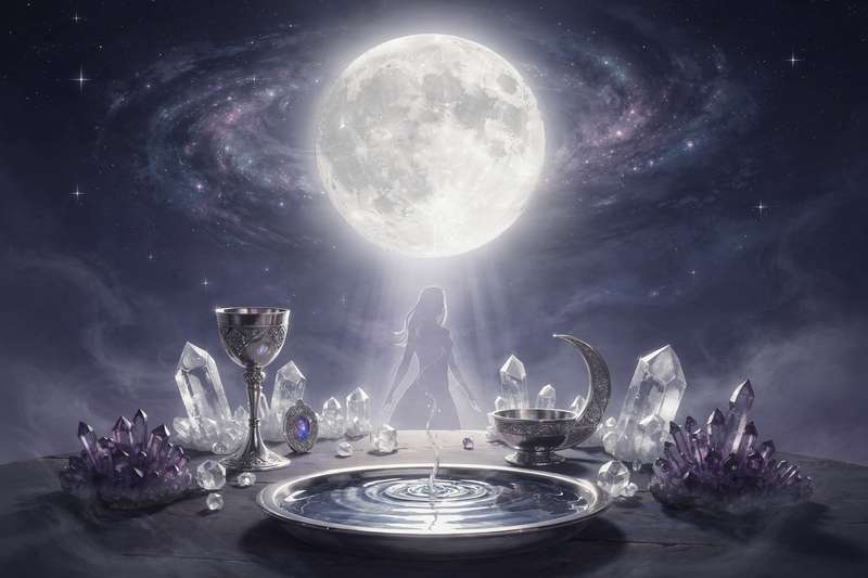 Tarot-Karten im Halbkreis angeordnet unter leuchtendem Vollmond für ein Loslassen- und Manifestations-Spread.