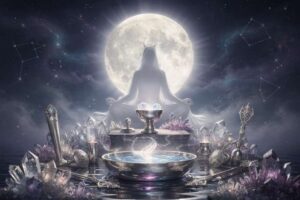 Ritueller Altar mit Kerzen, Kristallen und Mondsteinen unter dem strahlenden Vollmond zur Manifestation von persönlichen Zielen.