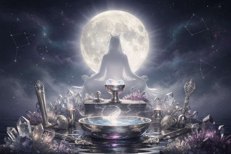 Ritueller Altar mit Kerzen, Kristallen und Mondsteinen unter dem strahlenden Vollmond zur Manifestation von persönlichen Zielen.