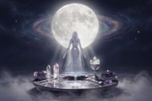 Brennende Kerzen und Kristalle arrangiert im Kreis unter dem strahlenden Vollmond in der Nacht.