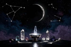 Dunkler Himmel mit unsichtbarem Neumond, umgeben von mystischen Sternen und feiner Mondenergie-Aura zur Darstellung von...