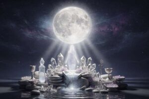 Tarot-Karten liegen in einem Kreis um einen leuchtenden Vollmond angeordnet, der die lunare Energie für eine...