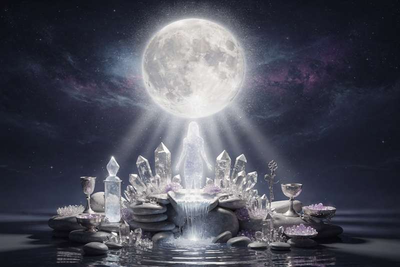 Tarot-Karten liegen in einem Kreis um einen leuchtenden Vollmond angeordnet, der die lunare Energie für eine...