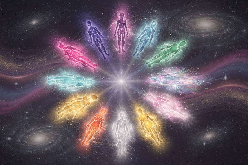 Kosmische Energiesymbole und leuchtende Sternenenergien, die verschiedene außerirdische Seelenvölker und ihre spirituellen...