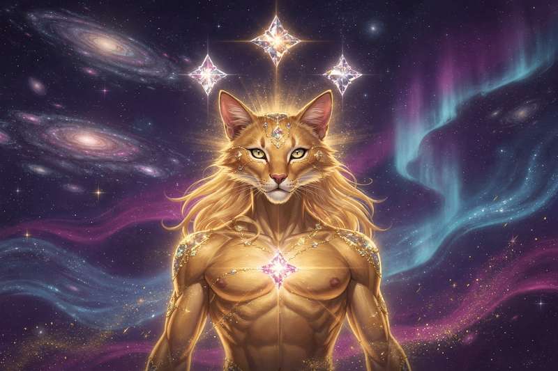 Spirituelle Illustration zeigt eine mystische Gestalt mit kosmischen Sternen und felines Energien, die uralte Weisheit und...