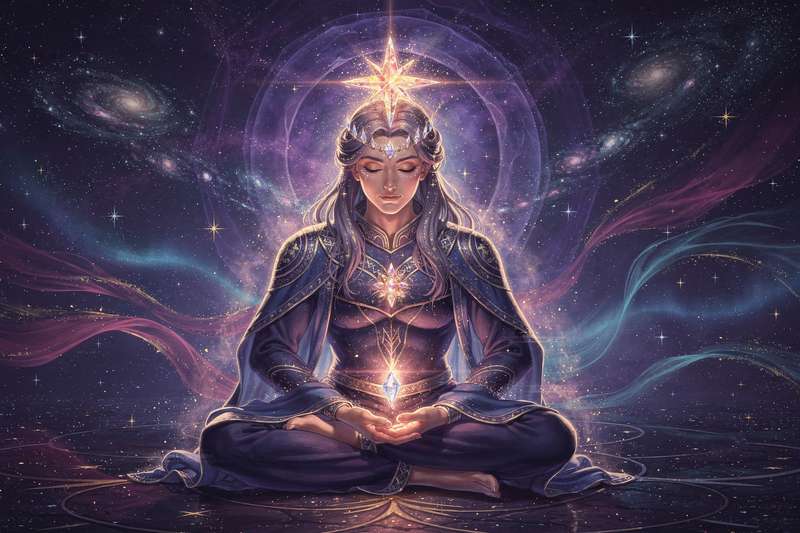 Porträt eines konzentrierten Kindes mit intensivem Blick, das eine spirituelle oder meditative Präsenz ausstrahlt.