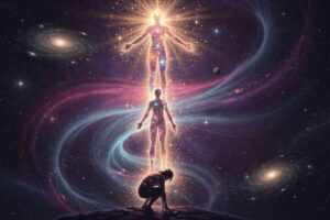 Lichtwesen in kosmischer Energieform schwebt inmitten von leuchtenden Sternen und himmlischen Symbolen zur Darstellung des...