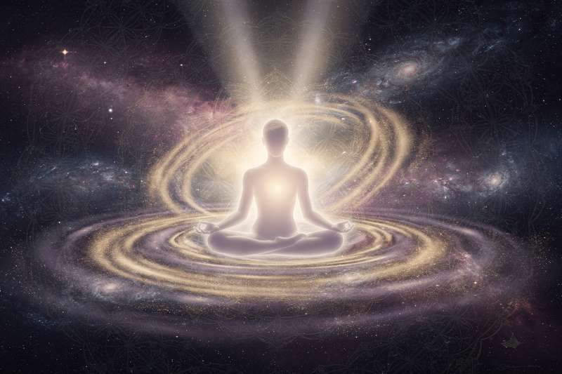 Frau sitzt in Meditationshaltung auf einer Wiese im Sonnenaufgang und praktiziert achtsame Spiritualität.