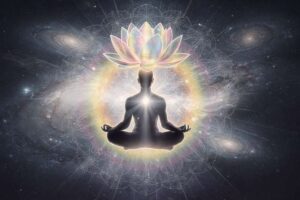 Eine Frau sitzt meditierend in der Natur und strahlt innere Ruhe sowie spirituelle Transformation aus.