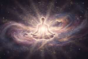 Leuchtende Lichtkugel umgeben von Naturmotiven symbolisiert spirituelle Entwicklung und inneres Erwachen jenseits religiöser...