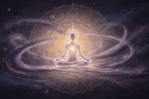 Frau hält die Hände auf ihr Herz und strahlt innere Ruhe und spirituelle Energie aus.