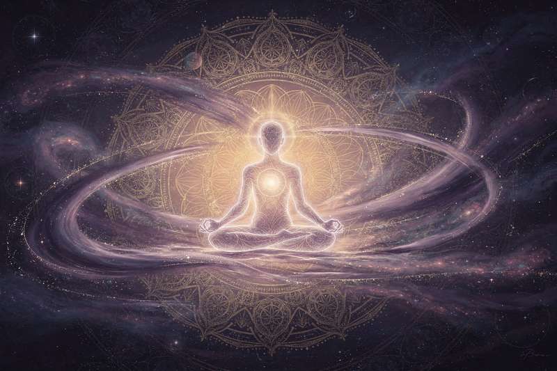 Frau hält die Hände auf ihr Herz und strahlt innere Ruhe und spirituelle Energie aus.