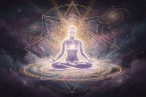 Frau sitzt in Lotussitz auf einer Matte und praktiziert Atemmeditation in einem ruhigen Raum mit Kerzen.