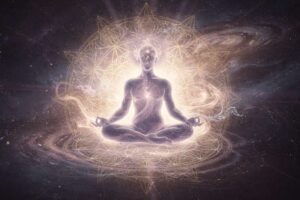 Sensible Person mit geschlossenen Augen nimmt Energien ihrer Umgebung wahr und reflektiert innere spirituelle Verbundenheit.