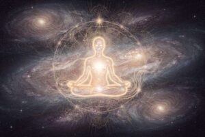 Eine Person sitzt in meditativer Haltung und strahlt Ruhe aus, während sanftes Licht sie umgibt und ihre innere spirituelle...